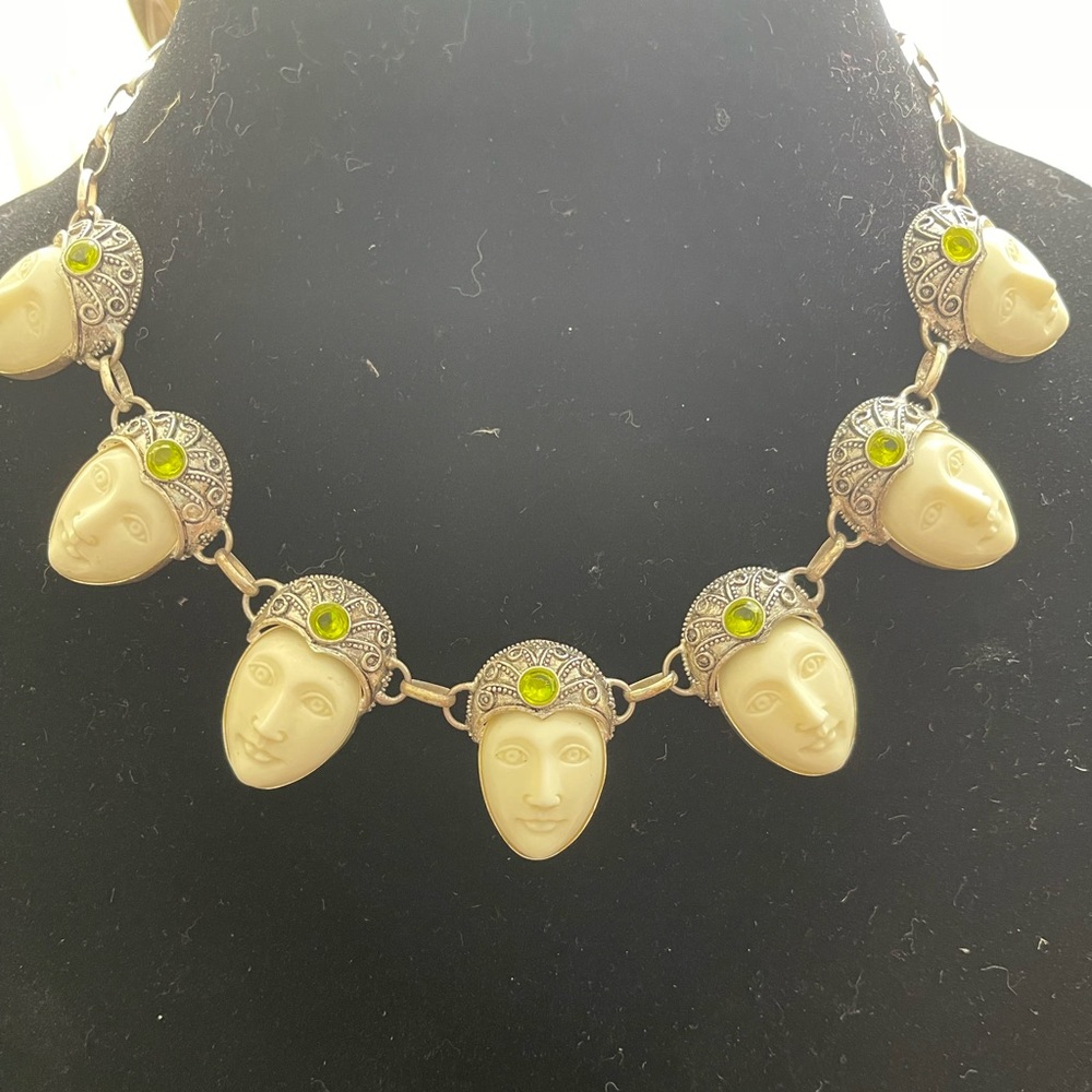 Bali Goddess Carved Bone and Peridot Toggle Clasp Necklace